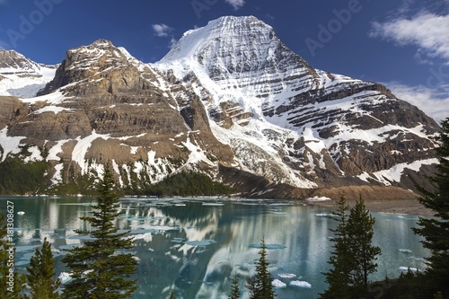 Distant Snowy Mountain Robson Top and Berg Lake Landscape from Great Hiking Trail in Rocky Mountains British Columbia Canada photo