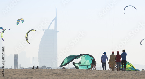 Photography Kite surf kites flying over Jumeirah public beach in Dubai, UAE.