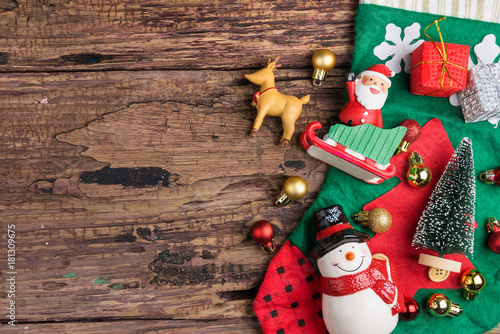 Christmas decorations on wooden background with copy space.Christmas day concept.