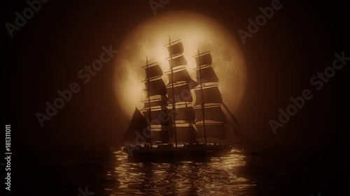Highly stylized view of a Tall Ship illuminated by a full moon. 4K UHD. Rendered at 16-bit color depth.