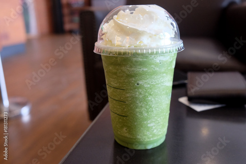 green tea frappe in plastic cup