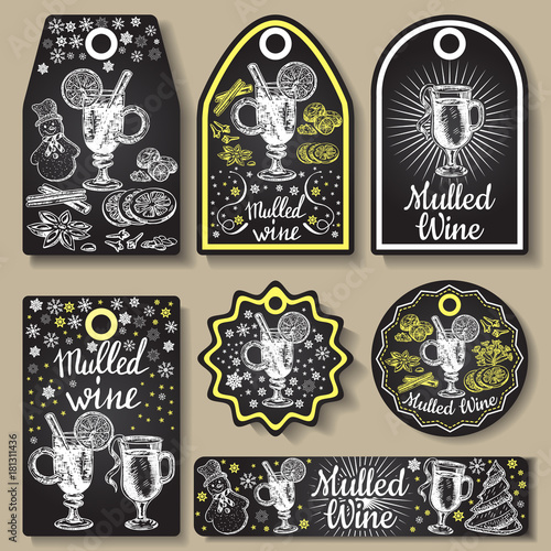 Hand drawn mulled wine vector gift tags set. Black and white sketch badges and logo with wine glass. Menu cards design templates in retro vintage style.