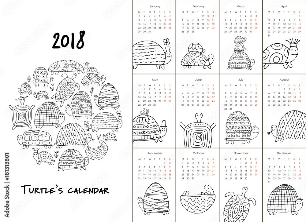 Naklejka premium Funny turtles, calendar 2018 design for coloring