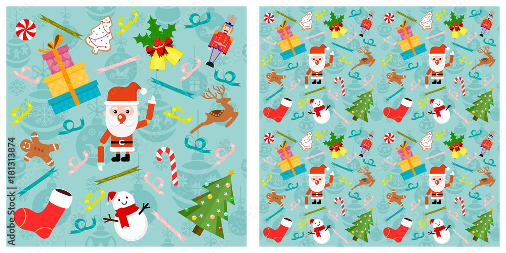 Fototapeta premium Christmas or new year elements seamless pattern. Single pattern is shown in the left. The example of assembly seamless is shown in the right.