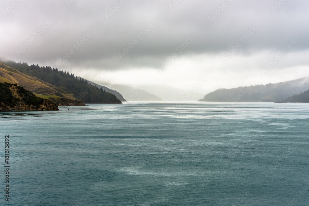 Stunning view from the ferry on the Cook strait between Wellington and Picton, New Zealand