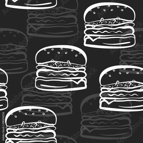 Seamless pattern with white cartoon hamburgers and gray shadows on black background. Cute fast food burger texture for fastfood banner, textile, wrapping paper, package, cover