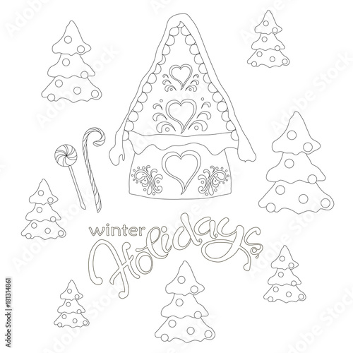 Typography banner Thanks, swirls hand drawn orange lettering on grey outline flowers background stock vector illustration