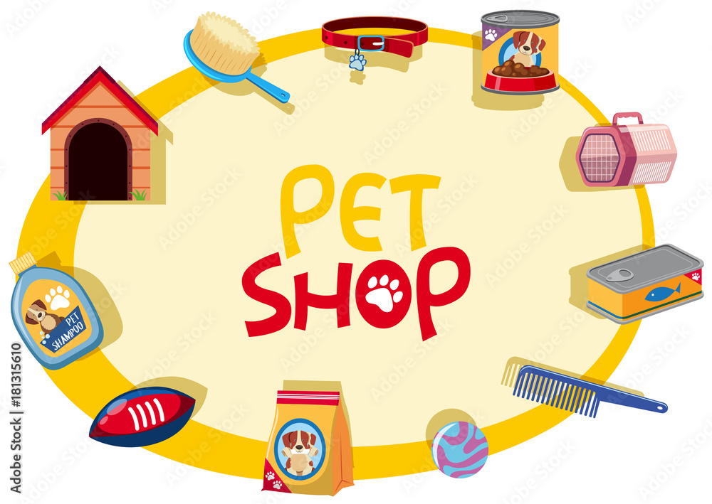 Pet shop sign with many pet accessories