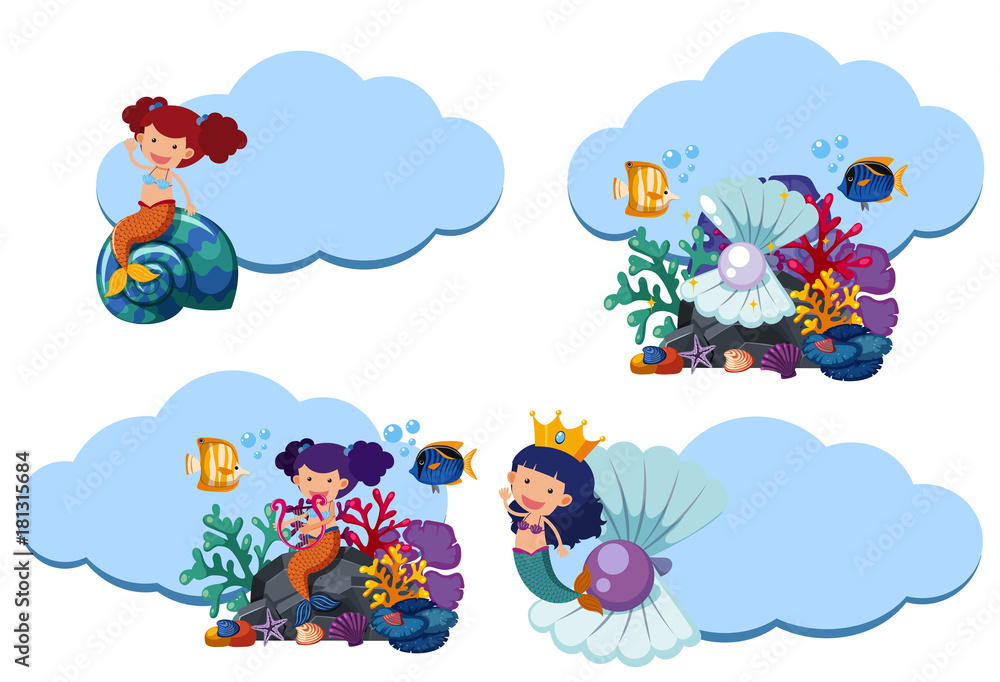 Fototapeta premium Border template with beautiful mermaids underwater