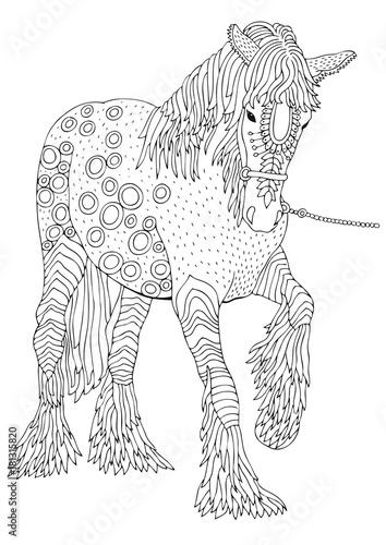 Fototapeta Naklejka Na Ścianę i Meble -  Horse. Hand drawn picture. Sketch for anti-stress adult coloring book in zen-tangle style. Vector illustration for coloring page.