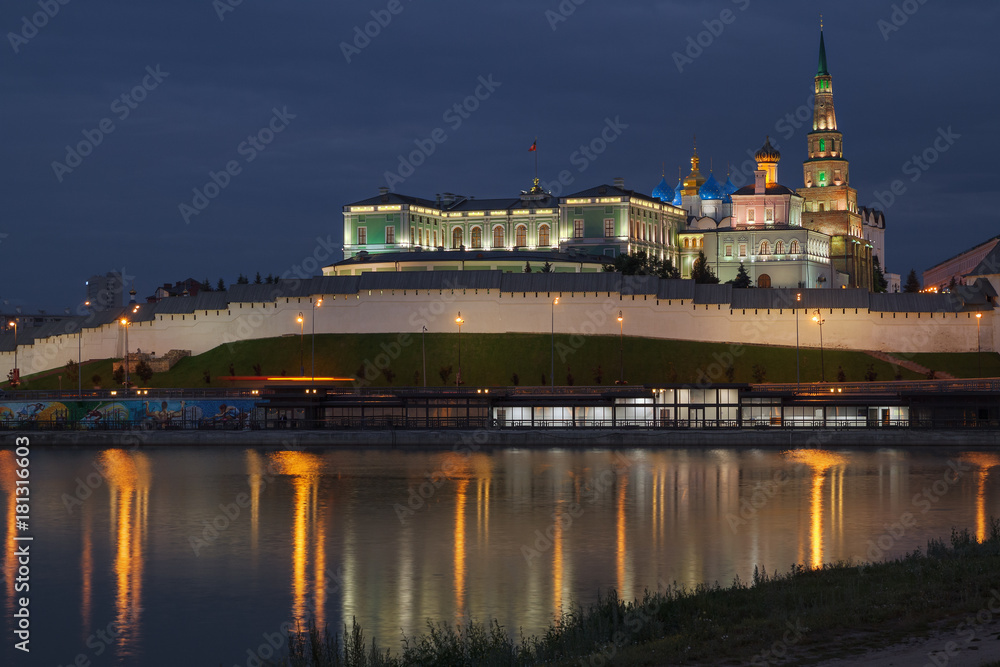 view of Kazan Kremlin from the banks of the river in the evening