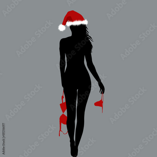 Naked Santa woman silhouette holding her lingerie in her hands