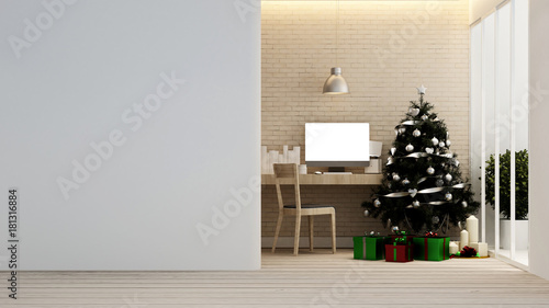 workplace with Christmas Tree and gift box in home or apartment - Interior design - 3D Rendering © CHOTi
