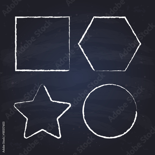 Chalk drawn square, hexagon, star, round. Geometric outline figures on chalkboard background.