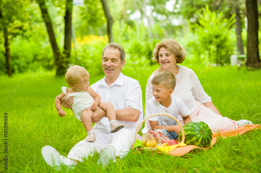 Happy family picnic. Grandfather throws up baby in the air in nature Happy family picnic. Grandfather throws up baby in the air in nature