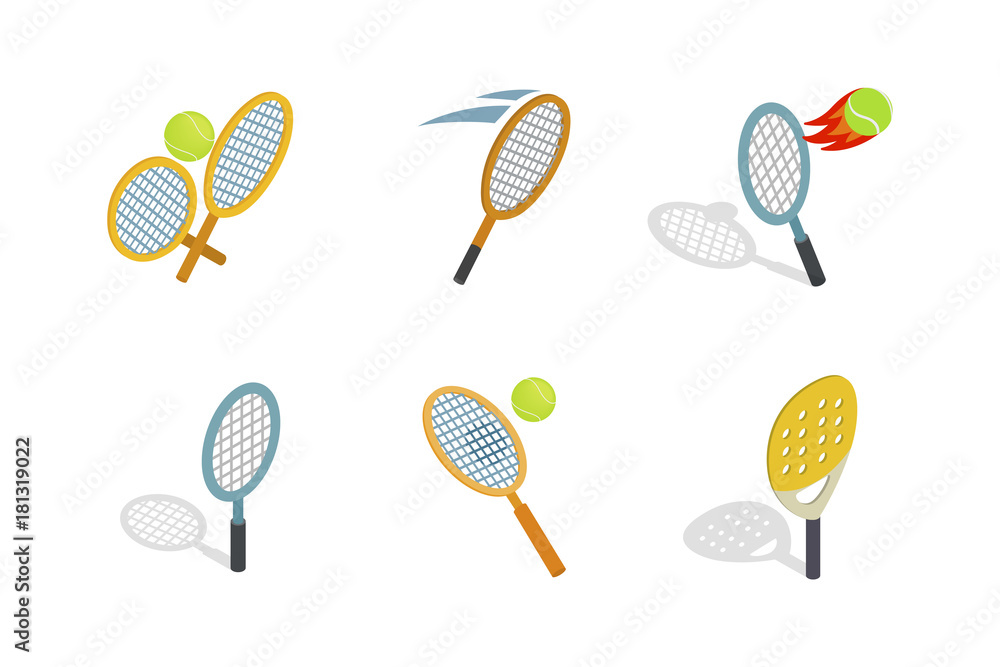 Tennis racquet icon set, isometric style