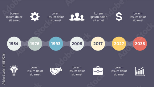 Vector metaball triangles timeline infographic, diagram chart, graph presentation. Business progress concept with 7 options, parts, steps, processes. Dark slide 16x9.