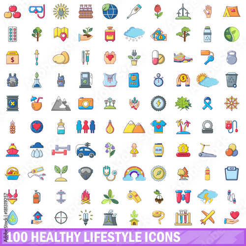 100 healthy lifestyle icons set, cartoon style 