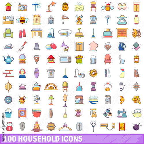 100 household icons set, cartoon style 