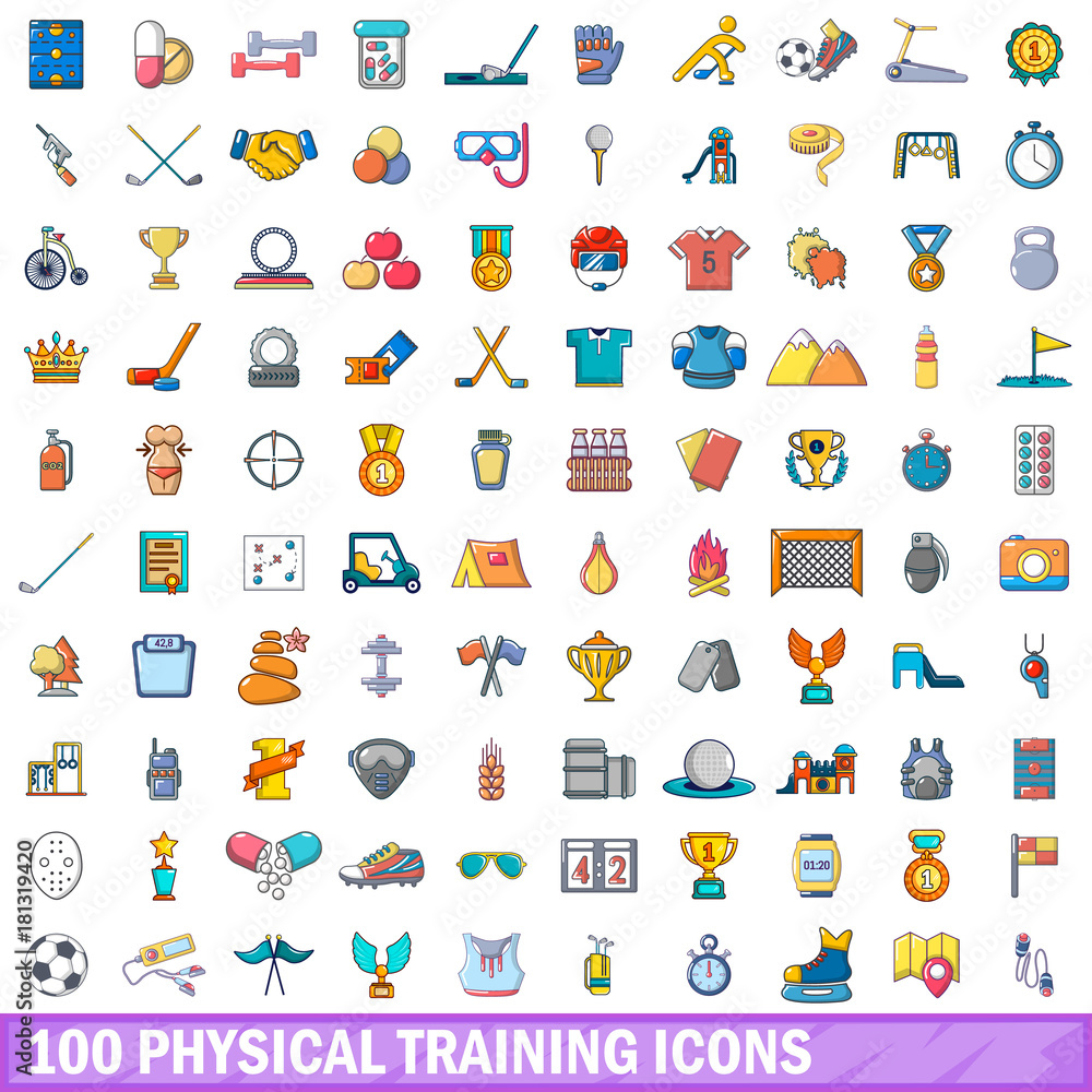 100 physical training icons set, cartoon style 100 physical training icons set, cartoon style