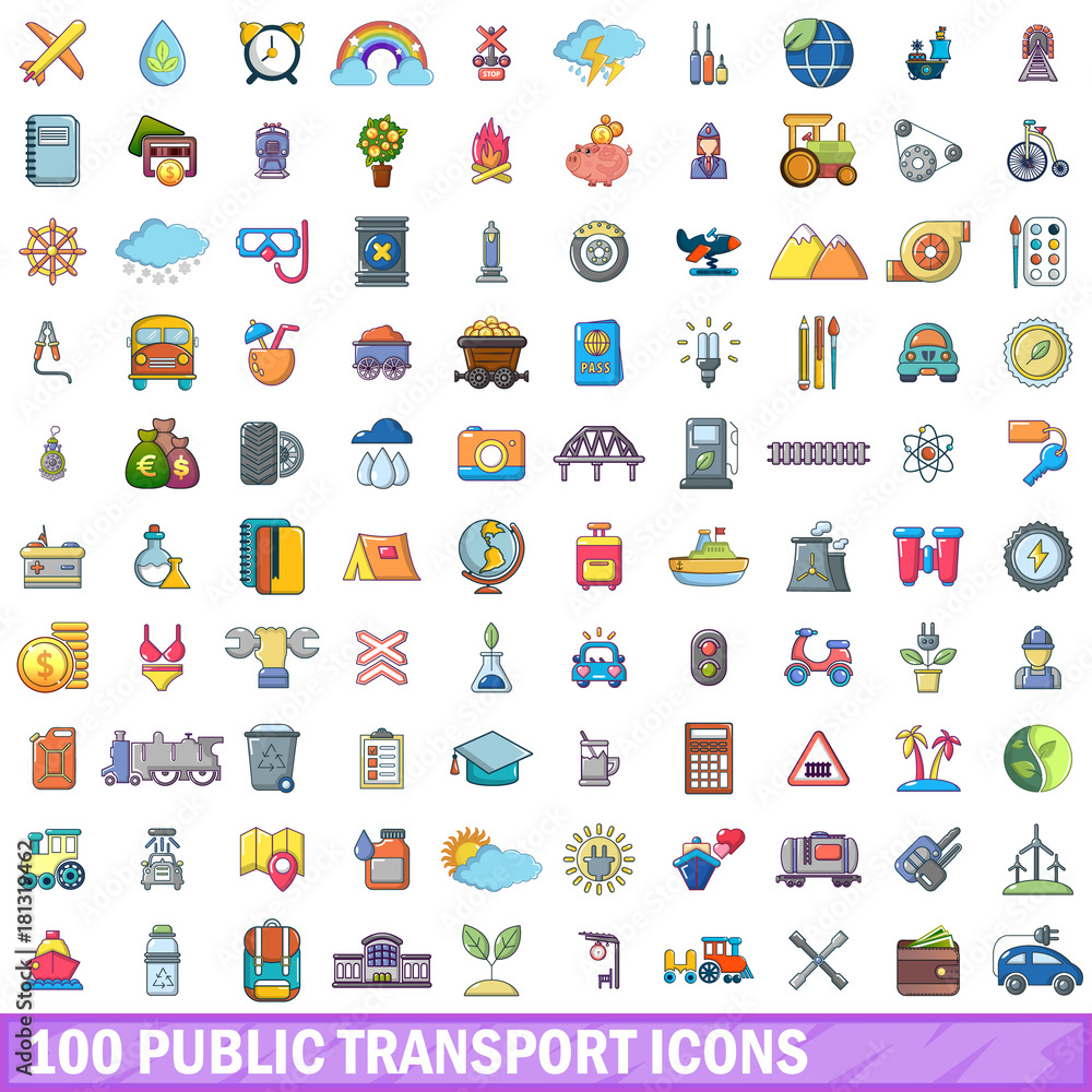 100 public transport icons set, cartoon style 100 public transport icons set, cartoon style