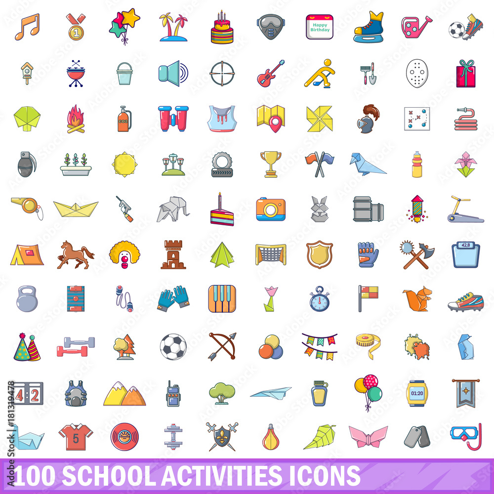 100 school activities icons set, cartoon style 100 school activities icons set, cartoon style