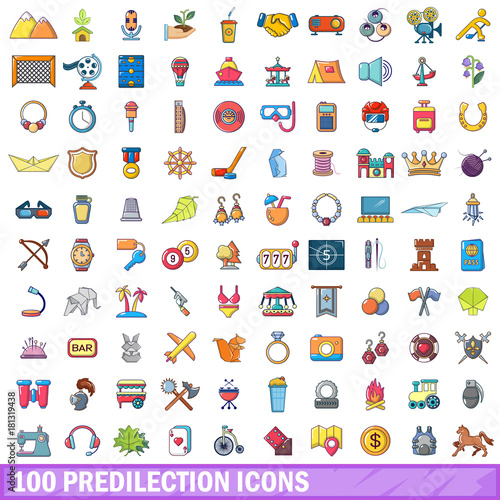 Photos 100 predilection icons set, cartoon style