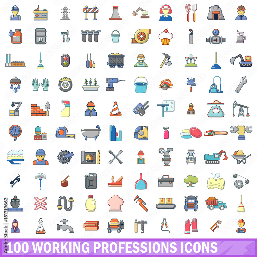 Fototapeta premium 100 working professions icons set, cartoon style