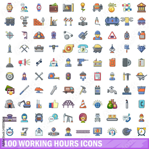 100 working hours icons set, cartoon style 