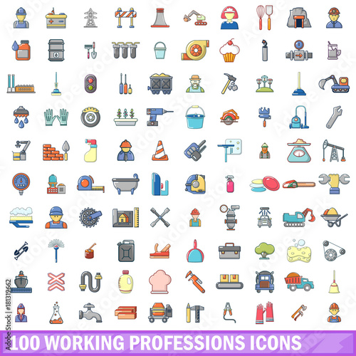 100 working professions icons set, cartoon style 