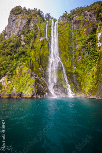 Stirling Falls seen from on board of a cruise ship. Milford Sound  New Zealand