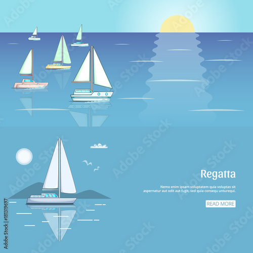 Yacht club flyer design with sail boat. Luxury yacht race, sea sailing regatta banner set vector