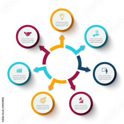 Vector circle elements with arrows for infographic. Template for cycle diagram, graph, presentation and round chart. Business concept with 7 options, parts, steps or processes. Abstract background.