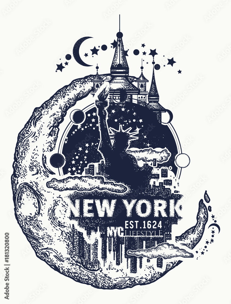 Statue of Liberty, New York and moon tattoo and t-shirt design. Big city New York city skyline concept art poster