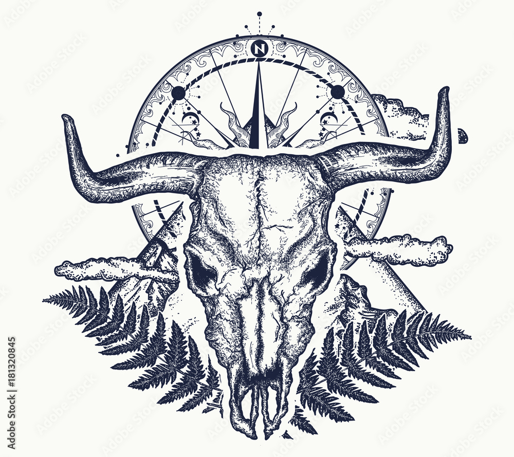 Mountains, compass and bull skull tattoo. Symbol of tourism, rock climbing,  camping. Mountain top, vintage compass, bison skull tattoo and t-shirt  design Stock Vector | Adobe Stock