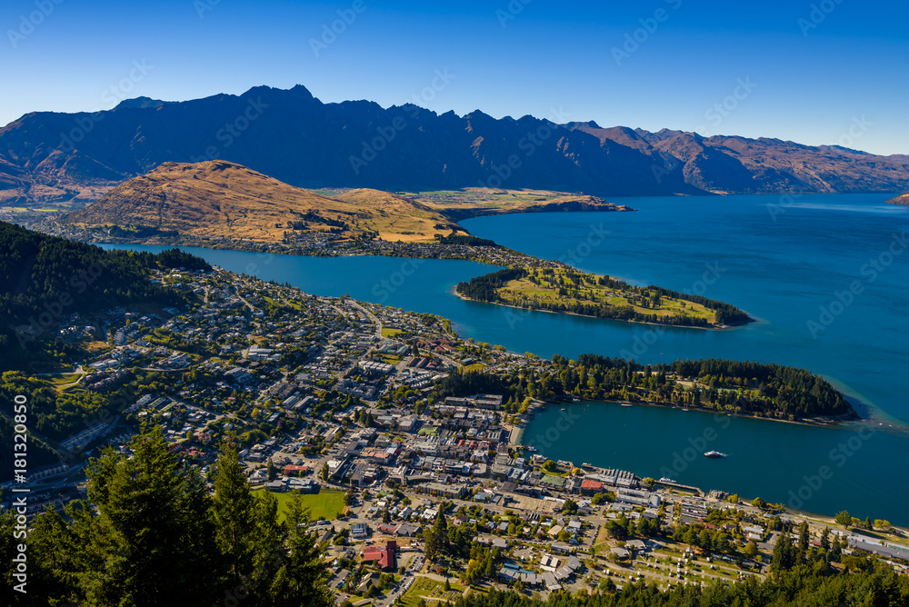 Ben Lomond Scenic reserve, Queenstown, New Zealand.  A beautiful sunny day with clear blue sky in the resort town on lake Wakatipu