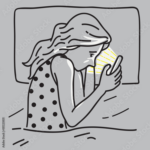 Woman smartphone addiction on bed