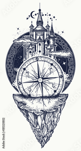 Medieval castle, mountains and compass tattoo art. Ancient castle on the mountain. Symbol of the fairy tale, dream, magic. Medieval castle t-shirt design