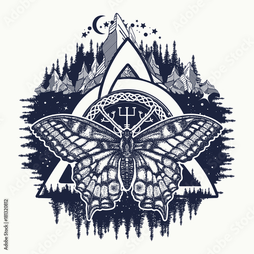Celtic trinity knot and butterfly, Helm of Awe, aegishjalmur, tattoo. Scandinavian symbols of Vikings, travelers, mascot. Celtic tattoo boho style, t-shirt design