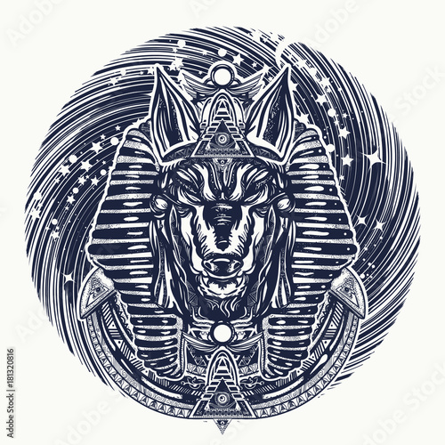 Anubis and universe tattoo and t-shirt design. Ancient Egypt Anubis, god of war, Golden Mask of the Pharaoh, symbol of next world, kingdom of dead tattoo art