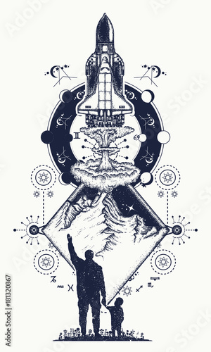 Space shuttle and mountains tattoo art. Symbol of space research. Space shuttle taking off on mission. Father teaches son to dream, life education. Milky Way with silhouette of a family graphic tattoo