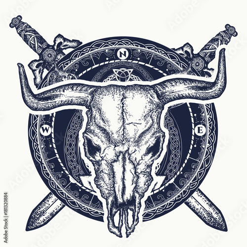 Bison skull and crossed swords and spartan shield. Symbol of bravery, fight, hero, army. Bull skull tribal tattoo