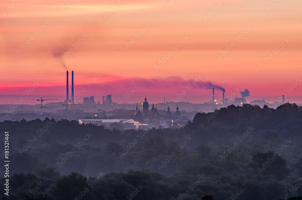 Steel mill and old city, air pollution in Krakow, Poland