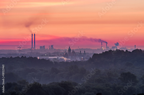 Steel mill and old city, air pollution in Krakow, Poland