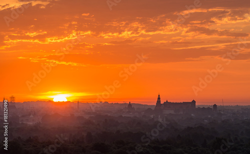 Krakow, Poland, Wawel castle silhouette at sunrise