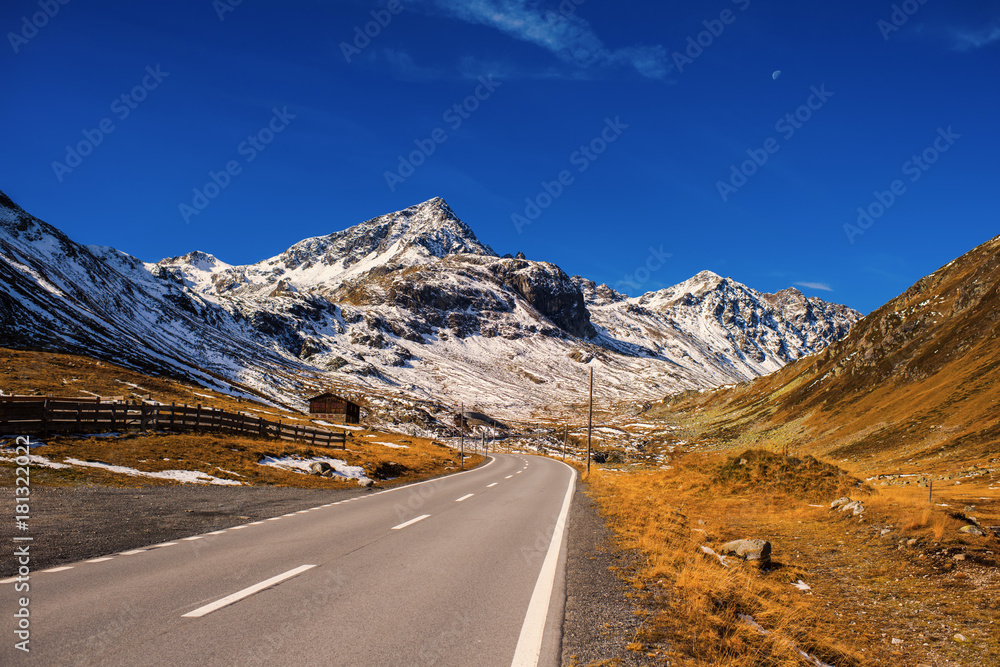 Landscape of the Swiss Alps and forest of national parc in Switzerland. Alps of Switzerland on autumn. Fluela pass road. . Swiss canton of Graubunden.  Val Müstair Region