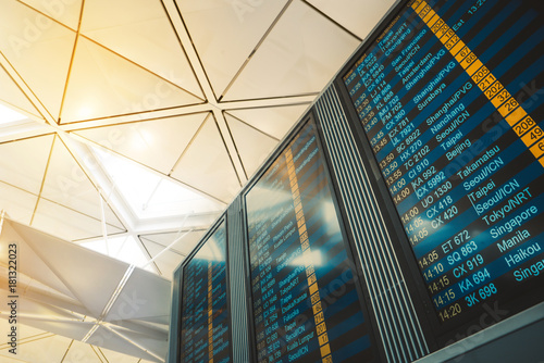 Departures monitor display board at international airport terminal showing international destications flights for traveler and passenger. Information flight board.