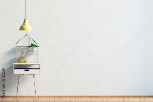  modern interior with rack, plant and lamp. wall mock up, 3d illustration