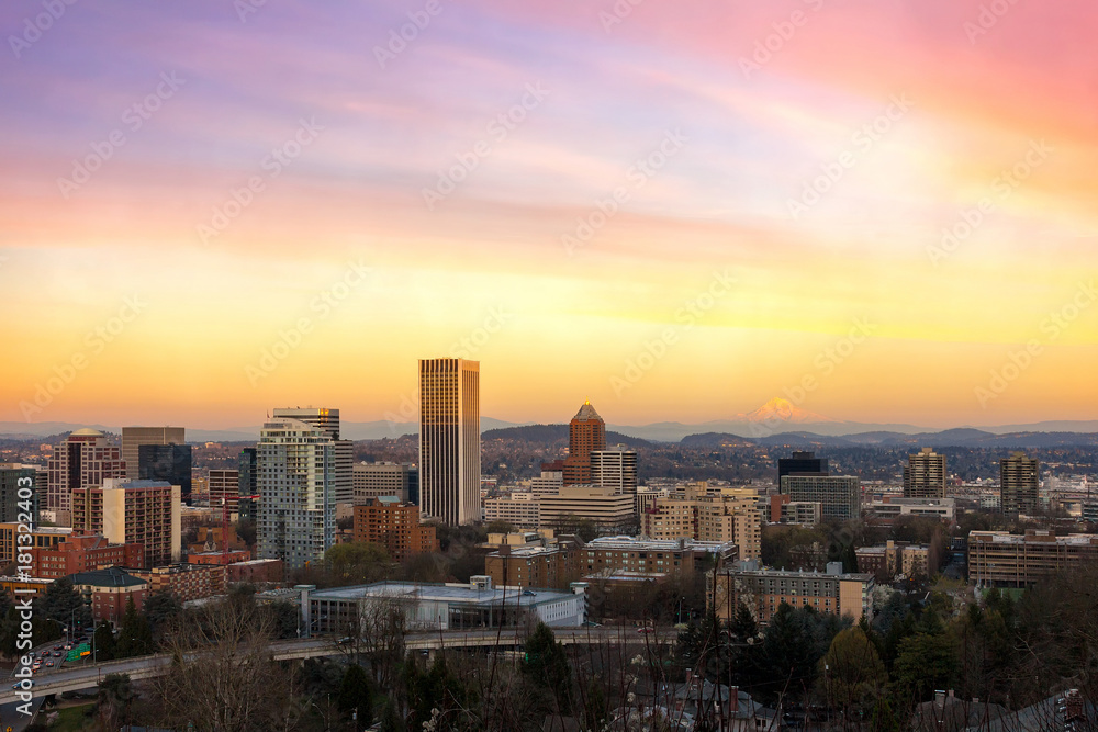 Sunset over Portland OR Cityscape and Mt Hood USA America