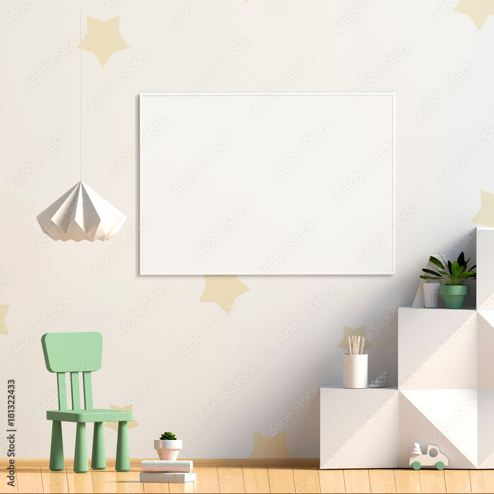 Pastel child's room. playroom. modern style. 3d illustration. Poster mock up Pastel child's room. playroom. modern style. 3d illustration. Poster mock up